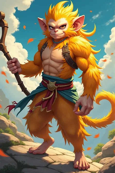 make a picture of Sun Wukong, monkey with humanoid body with golden yellow fur not wearing shoes, anime style pictures