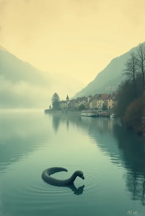 affiche ou poster vintage et rétro, ville dAnnecy au bord du lac, atmosphère brumeuse, tons de couleurs pastel doux, petite silhouette du monstre du Loch Ness sur le lac dissimulé dans la brume, lumière du petit matin, ne pas mettre décriture, ne pas mettr...