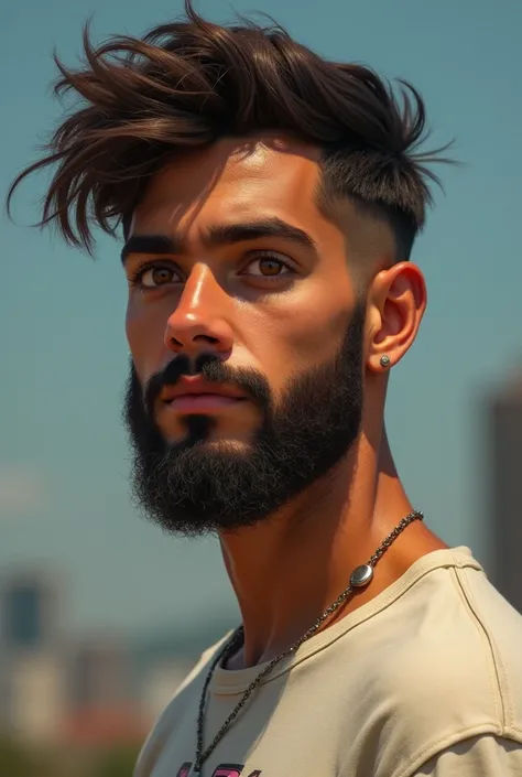 Um homem brasileiro, small brown eyed calcasian, with a well-designed beard. With a skater style outfit. nblurry background. realisitic
