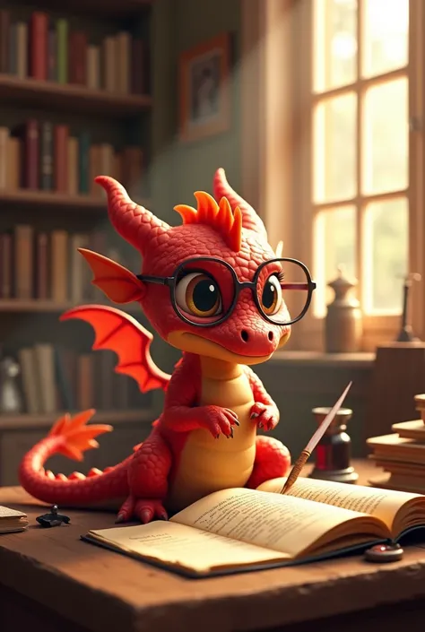 A cute red dragon with glasses who writes poetry