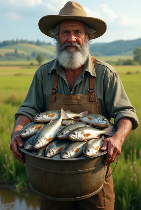 fisherman with a lot of fish in a bucket,with the same field background
