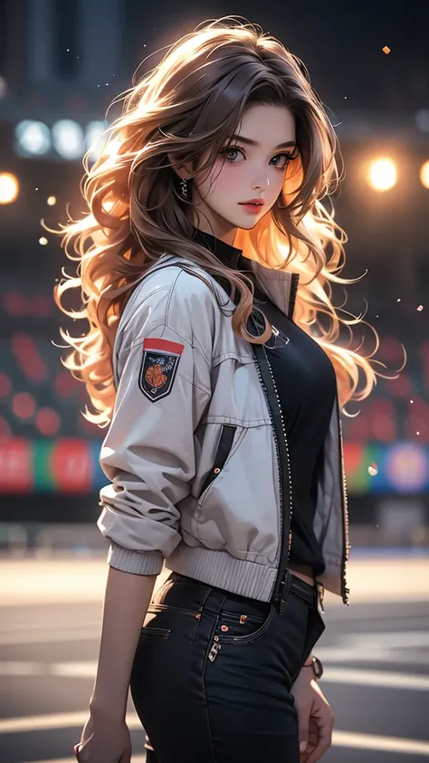 a blurry, out-of-focus girl in a cosplay outfit, wavy long hair, in a stadium with a blurry city background, focused on the subject with motion blur, photorealistic, bokeh, chromatic aberration, looking at the viewer, wearing a jacket, white shirt, solo, m...