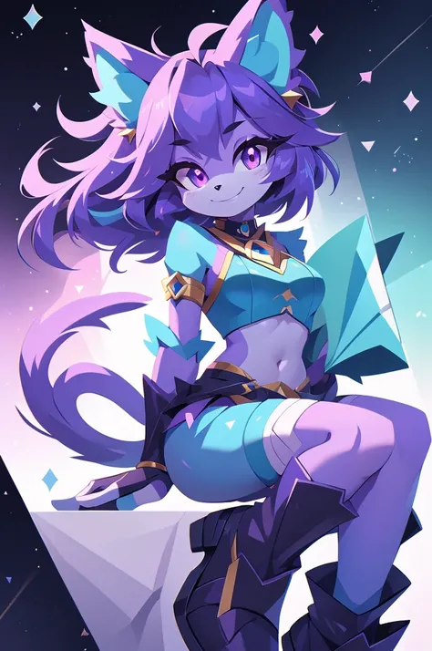 complete body, face perfect, cabelo roxo, Star Guardian, purple and cyan eyes, bright purple eyes, long eyelashes, cyan blue fur, cyan blue cat ears, ssmile doce,tummy,arms ,flegs ,waist,feet,boots casual adventurer outfit. purple and cyan hair, fake cat e...