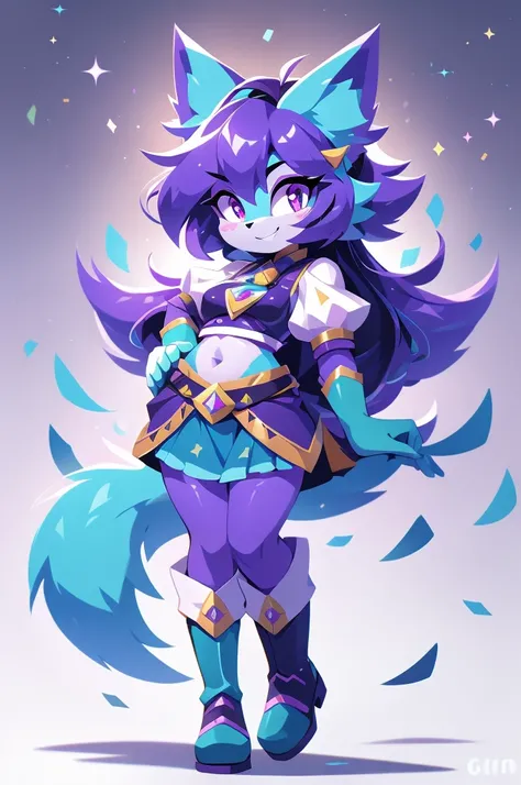 complete body, face perfect, cabelo roxo, Star Guardian, purple and cyan eyes, bright purple eyes, long eyelashes, cyan blue fur, cyan blue cat ears, ssmile doce,tummy,arms ,flegs ,waist,feet,boots casual adventurer outfit. purple and cyan hair, fake cat e...