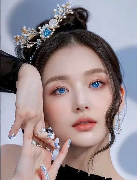 Hairstyle with hair accessories for light eyes., wearing a black top, and showing long, elegant, Blue and white stamped nails, She poses with her hand gracefully placed near her face against a softly lit background..