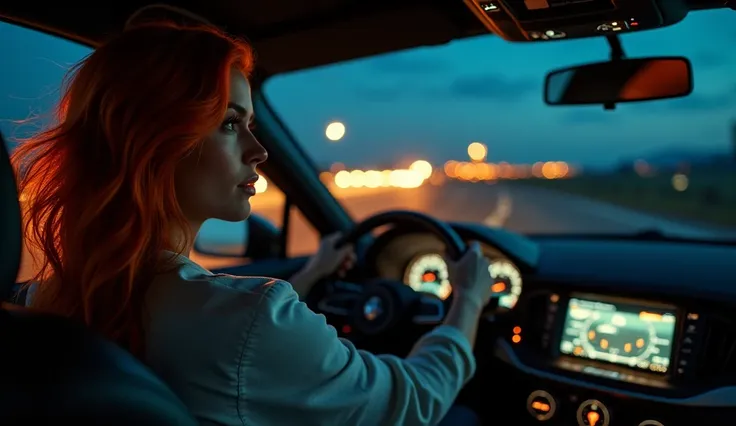 a beautiful redhead woman driving a car on an american highway at night