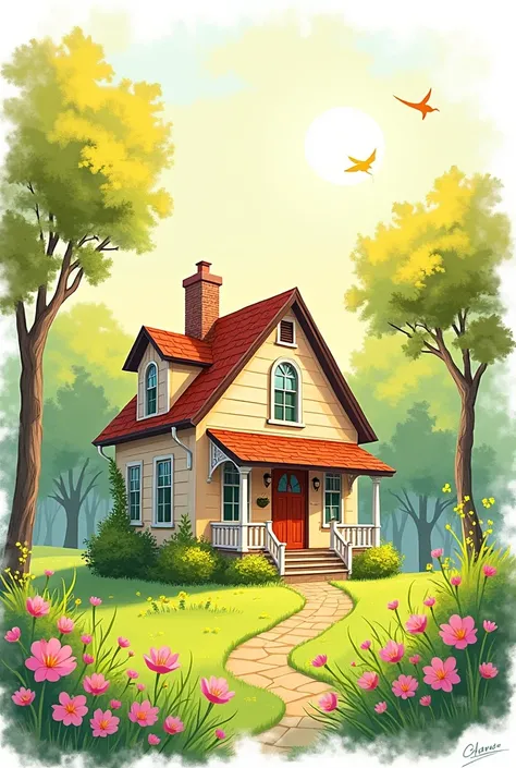 Sketch style illustration with a house and a spring theme