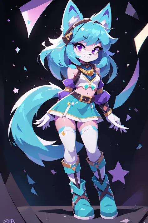 complete body, face perfect, cabelo roxo, Star Guardian, purple and cyan eyes, bright purple eyes, long eyelashes, cyan blue fur, cyan blue cat ears, ssmile doce,tummy,arms ,flegs ,waist,feet,boots casual adventurer outfit. purple and cyan hair, fake cat e...