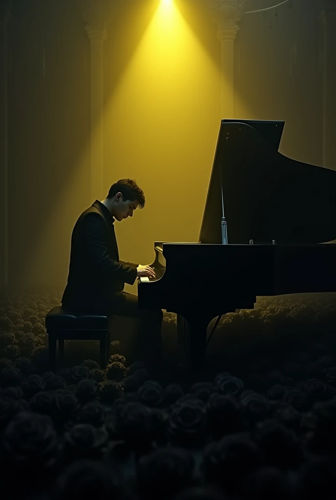 A light-skinned gothic American man, 2, short black hair, blue eyes, wearing elegant black clothes, sitting playing a black piano in the middle of a dark room covered with black roses on the floor, with a yellow light above him.