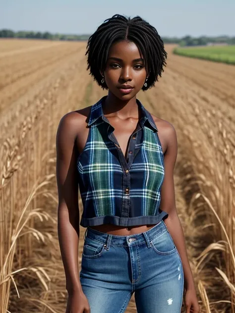 ebony beauty with short straight black hair. Penetrating brown eyes should be the focal point. She is wearing a blue plaid shirt and denim jeans, In the background, a wheat field is shown, a heavenly and luxurious place, 8k, perfect photo, dark skin, choco...