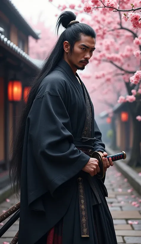 
"Create a highly detailed and realistic image of Miyamoto Musashi, the legendary samurai, standing confidently in a traditional Japanese street lined with cherry blossom trees. He should have long, flowing black hair, tied in a traditional topknot, and a ...