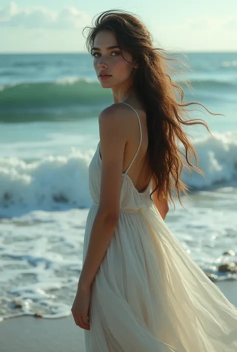 Fantasy、Skinny、Brown Hair、Girl、woman、Full body portrait、Ocean、Wave、Looking back
