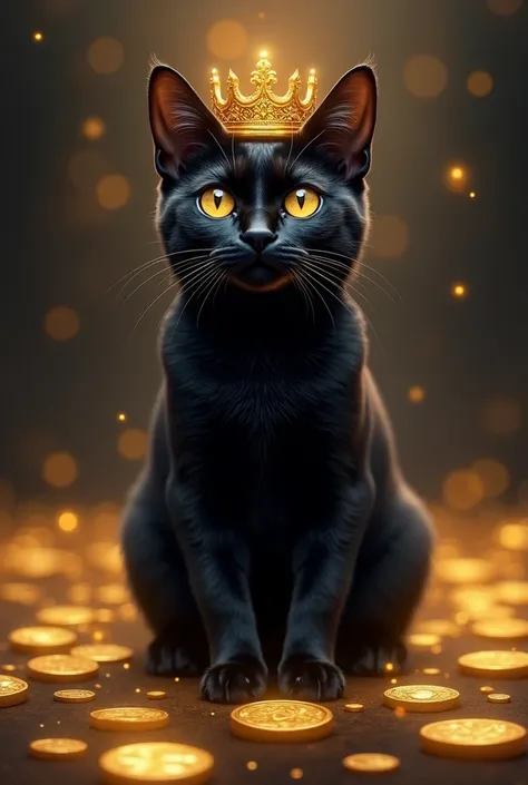 A black cat sitting majestically with a crown on its head, surrounded by glowing coins. The scene is mystical and symmetrical, with a dark, luxurious atmosphere. The black cats fur is sleek and shiny, its eyes gleaming mysteriously, adding to the regal and...