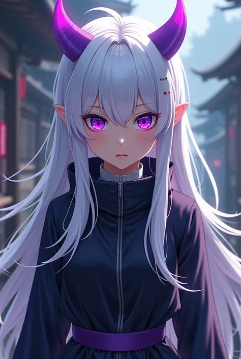 One of Demon Slayer with white hair and purple at the ends and bangs 