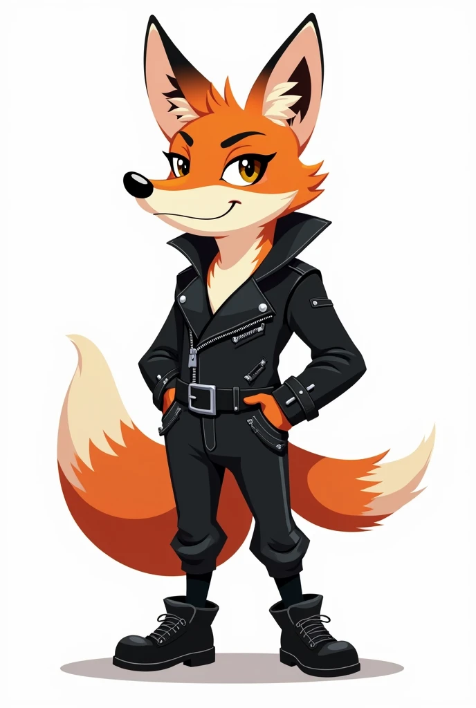 A fox dressed in black as an animated biker to draw, with white background with less details, simpler