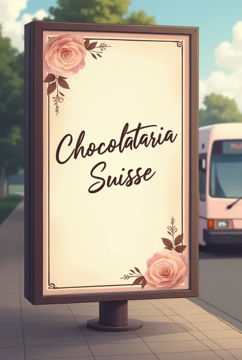 Create a banner for me that is displayed on highways, the name of which is Chocolataria Suisse. It is important to give me the name, make me something in pastel tones and minimalist on a bus station.