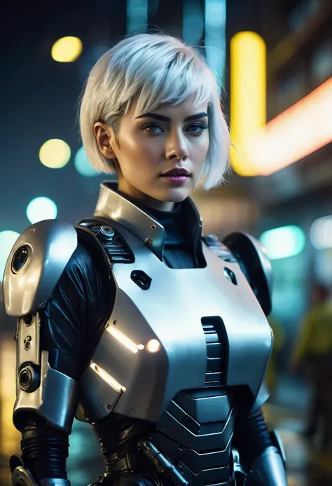 ((cinematic action photography)), female futuristic soldier, mech warrior, short white silver hair, ((robotic industrial environment)), night-time industrial scene, oily shiny skin, photography in the style of blade runner, muted colors, retro photography,...