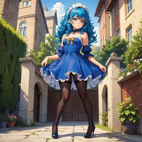 Masterpiece,  1girl,  very curly puffy blue hair,  very tiny miniskirt,  blue pantyhose,  high heels,  sun shiny day 