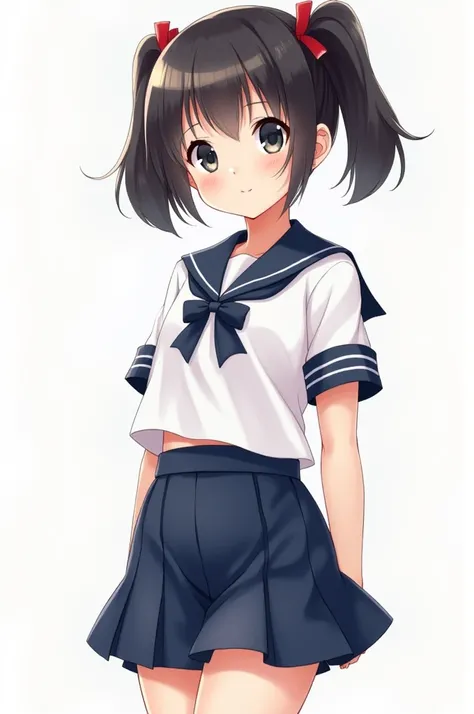 White Sailor Suit、The skirt is navy、Twin tails、Bright expression、smile、Eyes are black、Cute Woman、Petite、gardetomically correct body