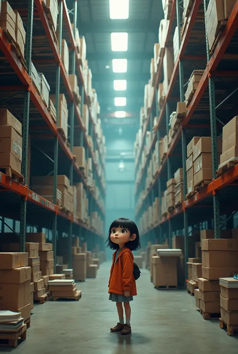 A girl looking for stationery in a warehouse 