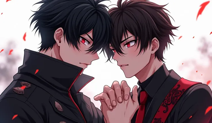 anime styling:Kizi, Bblack hair, Eyes red, with two men