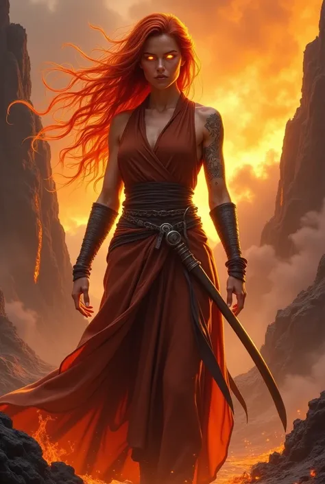 I would like a tanned woman with hair that resembles literal flames. She is tall, very strong, and physically defined, with glowing orange eyes. She wears monk-like clothing that covers parts of her but reveals her tattoos on her arms, along with a skirt t...