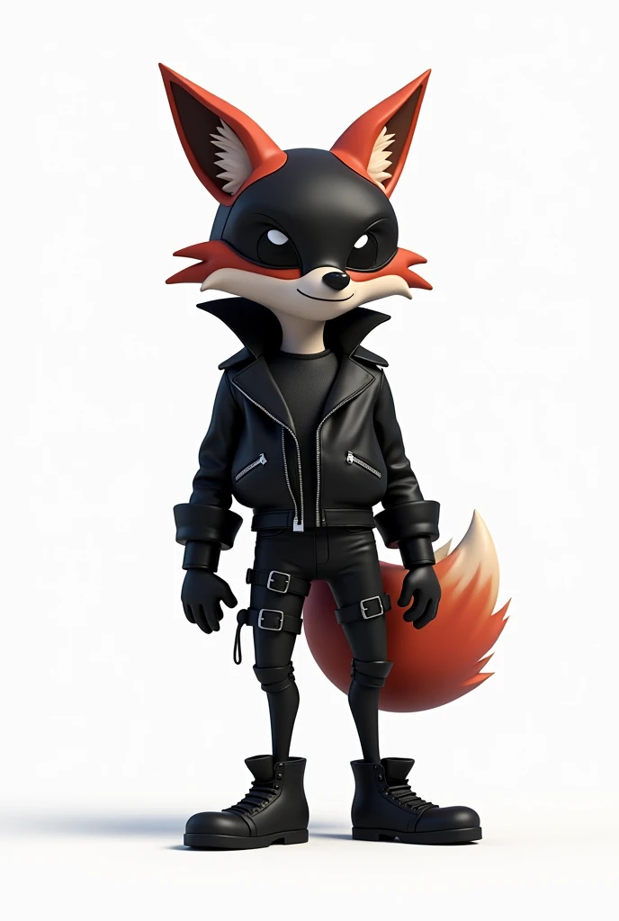 A fox dressed in black as an animated biker to draw, with white background with less details simpler simpler simpler with fox mask