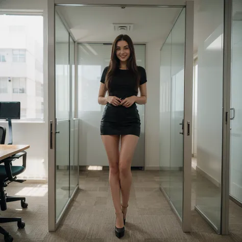 Standing in the office wearing a tight black short skirt, a tistockings and high heels. Long sexy legs, sexy body, beautiful long hair, elegant, very beautiful, classy, tall, ultra realistic, high resolution, high definition,very detailed,Smile, Looking at...