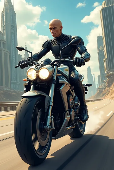 Genos riding with Saitama on a very epic sports bike 
