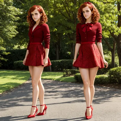 Emma Watson, very curly red hair, head bow, very tiny miniskirt, jacquard pantyhose, high heels, sun shiny day
