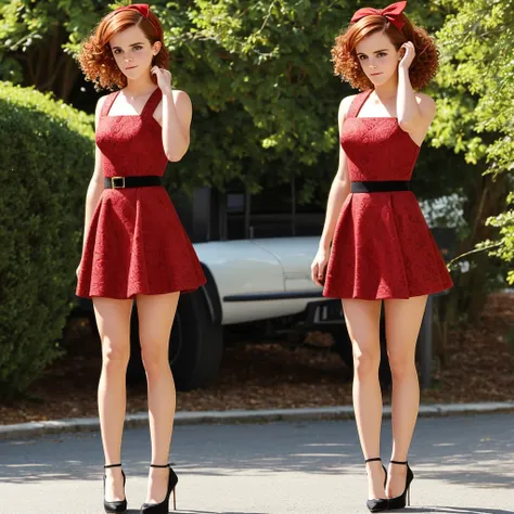 emma watson, very curly red hair, head bow, very tiny miniskirt, jacquard pantyhose, high heels, sun shiny day