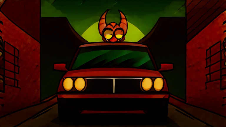 parked car in the streets, and on board is an Imp wearing a black suit and black glasses, looking to the side, full image, hell streets, green sky backgroung