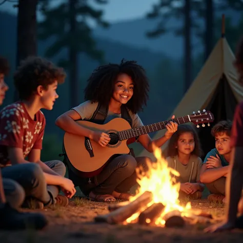 realistic photo of a (pretty girl, 20 years old, brunette, black eyes) playing an acoustic guitar near a campfire, (full lips) , ((perfect face)), [[mild smile]], proportionate body,mixed herritage,young-adult teenagers and kid at camp, nubyan nose, beauty...