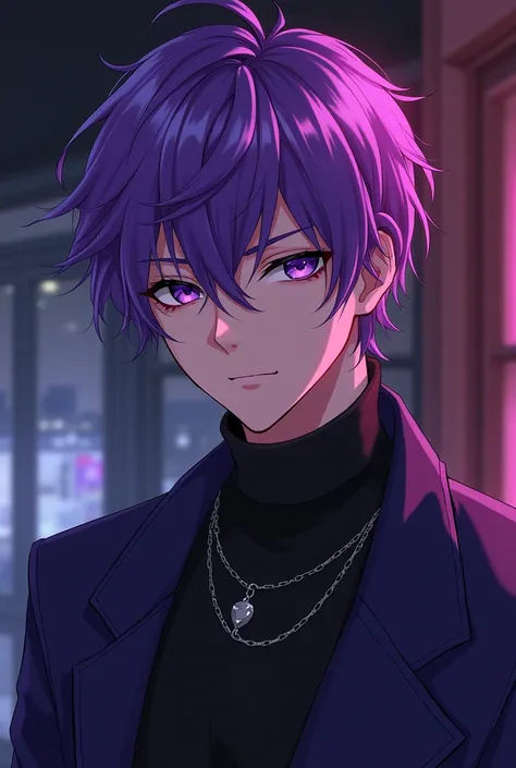 I want an anime boy who is, so to speak, a daddy with purple hair and who looks bad and sexy. I want a cover photo and a profile photo with a background with dark colors that suits and is sexy.