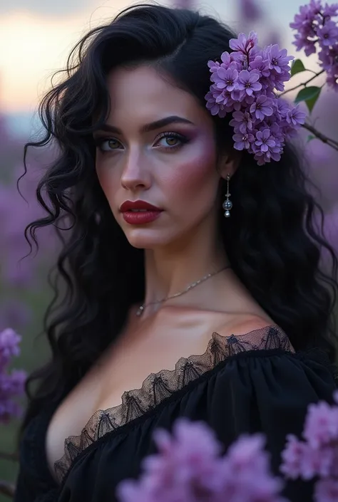 (masterpiece),(Best quality:1.0), (ultra high resolution:1.0), 8 K, beautiful pose, beautiful face of a 3 woman, Yenifer from The Witcher, detailed face, beautiful eyes behind a transparent veil, detailed eyes, Red lips, black slightly curly flowing hair, ...