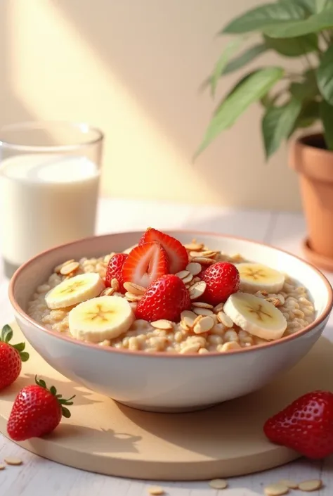 "Oatmeal with fruits (banana, strawberries) and almonds + a glass of milk."







