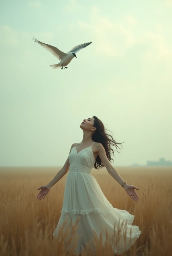 A woman stands in a field with her arms outstretched, looking up as a bird soars above her. The scene is moody and serene with soft natural lighting. She wears a sleeveless white dress with ruffles, blending harmoniously with the cloudy sky and the tall gr...