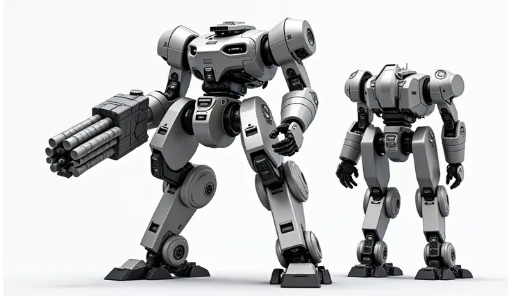 (take inspiration from ED-209 from Robocop) front, rear, and side view of a heavy war robot. The robot has a chrome primary color with black trim. It has heavy and durable backward jointed legs, making it stand and walk much like a bird. Its torso is broad...