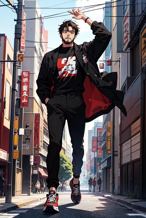 anime drawing, 2 man, full body, five feet tall, wavy black hair, short beard, light brown eyes, black jacket, written "WEEB ZONE", red shirt underneath, black pants, sneakers black man, with open arms, in a Japanese city in the background