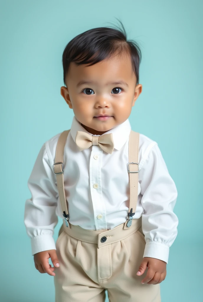 a baby boy on a blue background containing pastel tones and who is well dressed, It&#39;s an image for a catalog cover