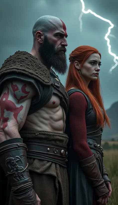 { "subject": "Kratos from God Of War: Ragnarök, with a thick, coarse beard and deep, battle-worn scars, stands alongside the Norse Goddess known as The Witch of the Wood, Freya, Odins fair-skinned wife with flowing red hair. {
The warriors muscular, scarre...