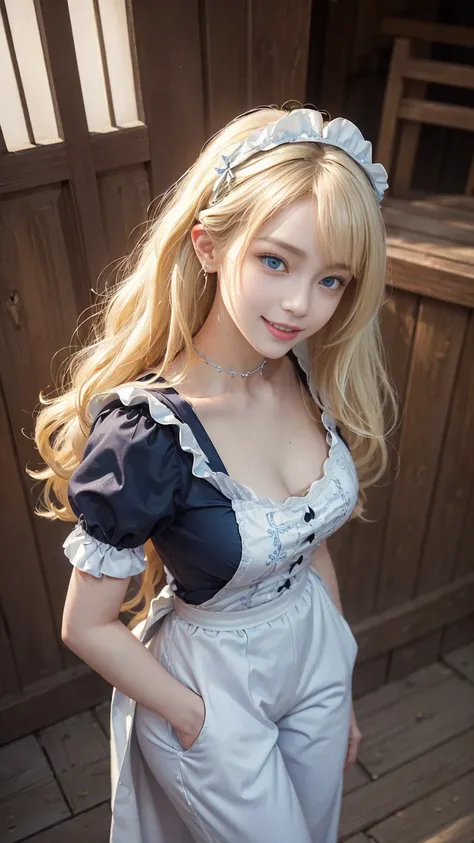 1 Girl ((maid costume))((Maid clothes)) ((maid pants))smile face 5fingers slender, (Ill bring you some tea.),cowboy shot (big smile) (low-angle view)shoes (highest quality、High resolution、masterpiece:1.3) happy smile、Super detailed High resolution、High res...