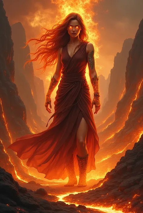 I would like a tanned woman with long, voluminous orange hair that resembles literal flames. She is tall, very strong, and physically defined, with glowing orange eyes. She wears monk-like clothing, has tattoos on her arms, and wears a skirt that reaches d...