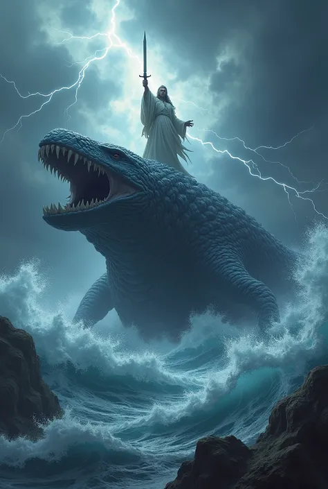 Create an image of the leviathan on a turbulent sea under a cloudy sky with thunder and God imposing on top pointing a sword 