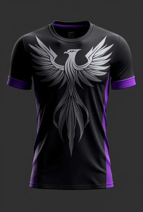  Front Make an all-black team shirt with a gray phoenix and some purple details Nike symbol with the team logo ( space team logo)