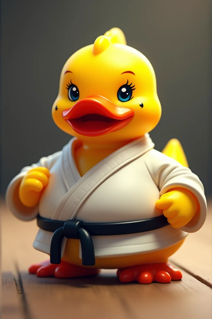 A strong rubber duck named Jorginho, has a small mole on the right side of the face above the orange beak and below the small black eyes ,its color is yellow and it wears karate clothing 