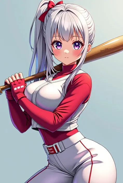 HD、Animation style、white hair 、Purple Eyes、girl、High school student 、single ponytail、Baseball player、Light-colored tops、Long sleeve red underwear、plump breasts、Fingerless gloves、batting ball、Good shape