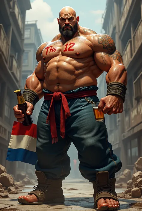 Crie o Sagat,  de street figther, with a tattoo written "the 12 " On the chest, in red. With a beer in one hand and in the other hand a large Dutch flag. 