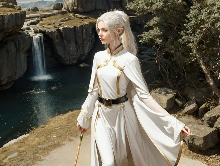 A short, slender, youthful-looking female elf with long white hair tied in two ponytails. Her calm, green eyes reflect her centuries of experience. She wears a short, flowing white dress with gold trim, over which she has a short white cloak with gold trim...