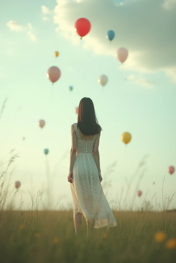 **Monochrome, standing, back view, medium length straight hair, white lace dress, no visible accessories, looking into the distance, outdoors, grass field, multiple balloons, cloudy sky, natural lighting, nostalgic atmosphere, minimal shadows, medium angle...